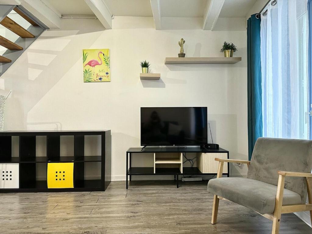 un salon avec une télévision et une chaise dans l'établissement Le Toit - 2 chambres - 4 personnes - Netflix - Calme, à Nancy