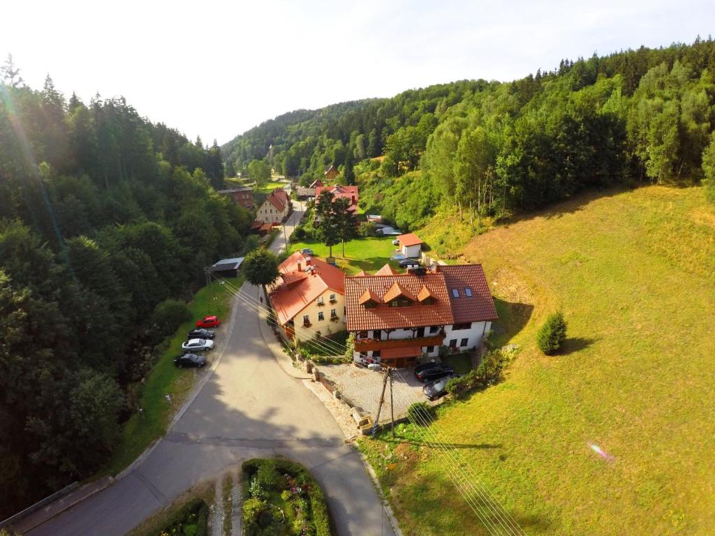 an aerial view of a house in a forest at Willa Weronika in Miedzygorze