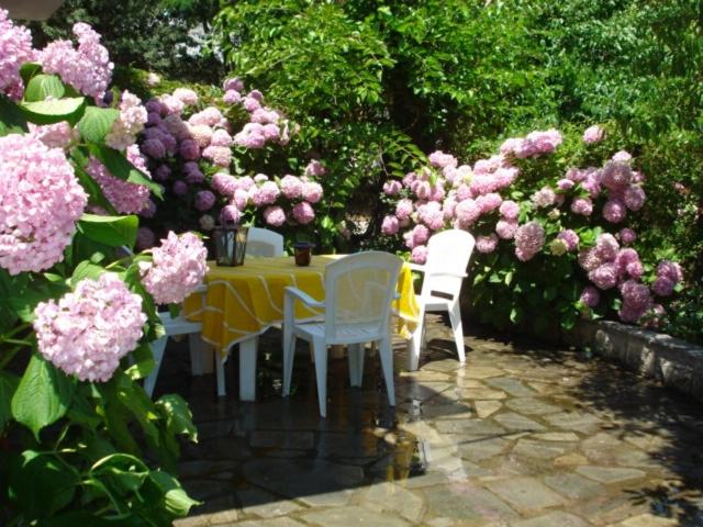 une table et des chaises avec des fleurs roses et violettes dans l'établissement Filio Sevastatou Rooms, à Therma