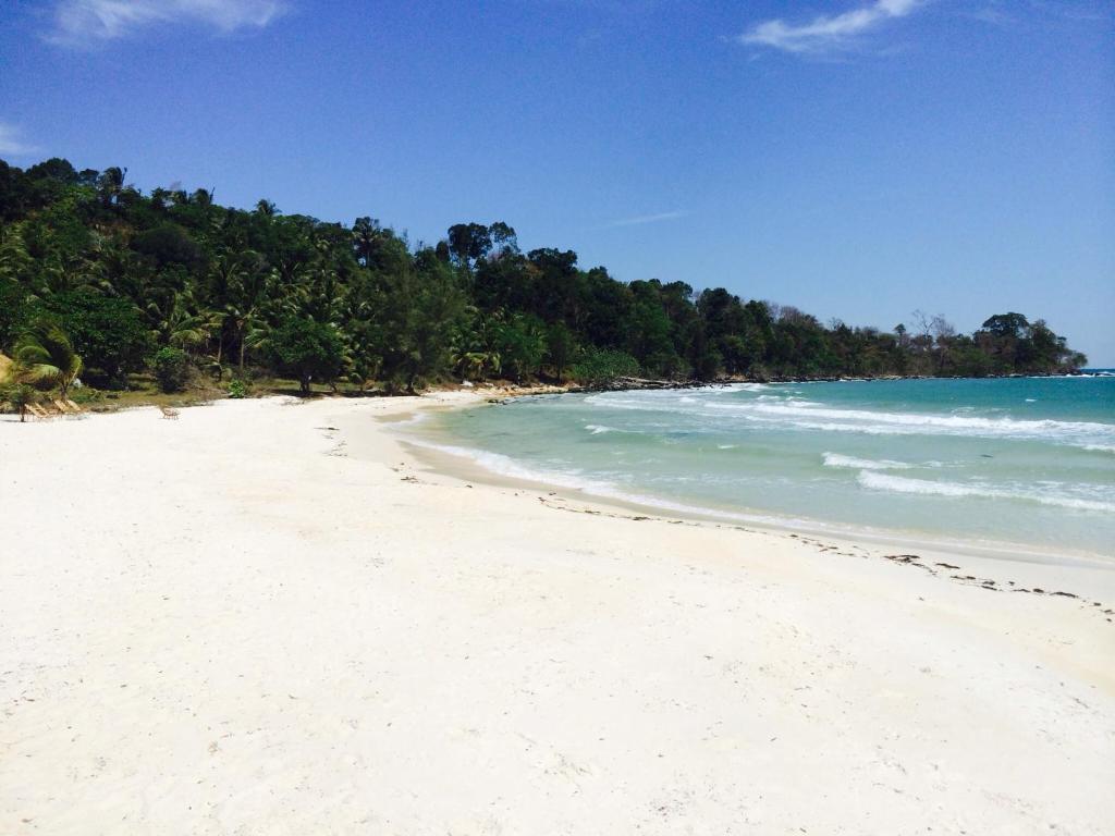 a beach with white sand and blue water and trees at Nice Beach Bungalow in Koh Rong Island