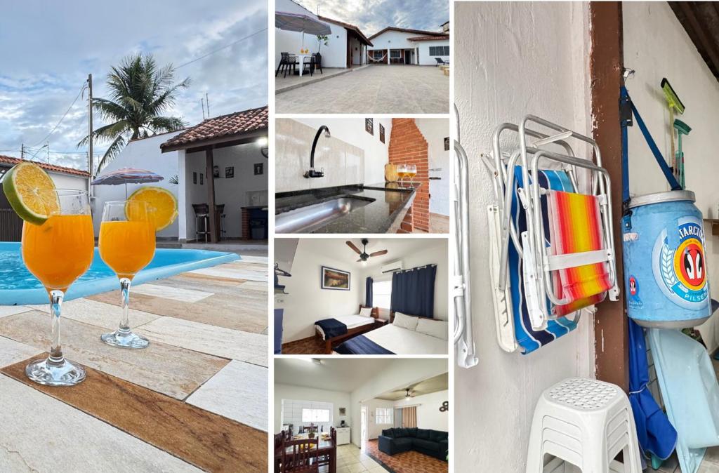 a collage of pictures of a villa with a swimming pool and drinks at Casa terrea perfeita para familias 100 m da praia do Arpoador, com piscina, churrasqueira, ar condicionado e 4 quartos in Peruíbe