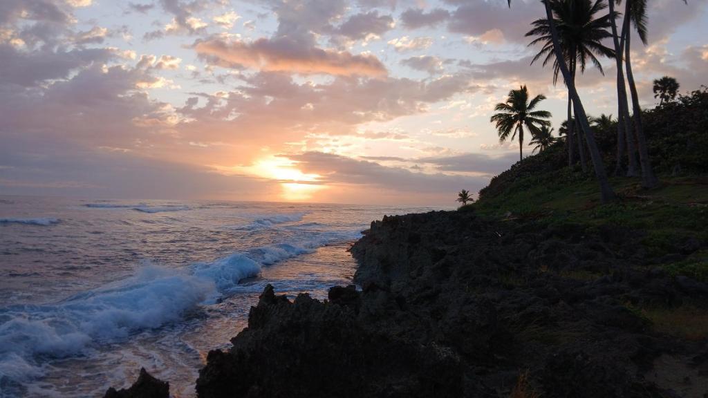 a sunset on a beach with palm trees and the ocean at Kassuky Home in Cabarete