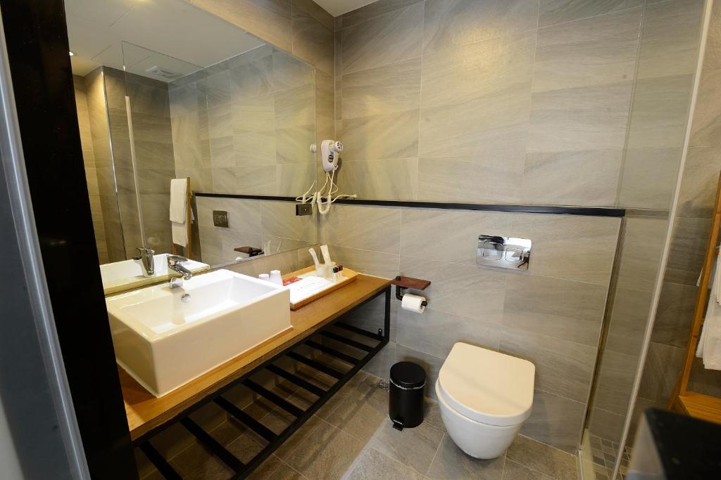 a bathroom with a sink and a toilet at 日月潭山慕藝旅 Sun Moon Inn in Yuchi