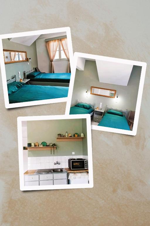 two pictures of a room with a bed and a microwave at Valentino Studio Kalymnos in Kalymnos