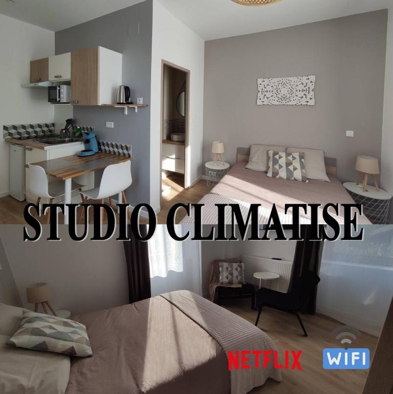 une chambre avec un lit et un bureau dans une pièce dans l'établissement Studio L'epicea Climatisation Sejour Parfait, à Soultz-Haut-Rhin