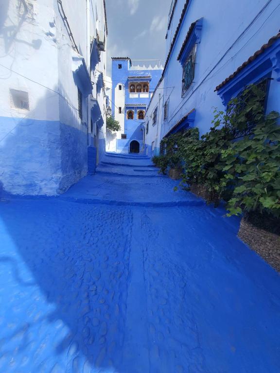 a blue alley way with white buildings and water on the ground at hostel in Chefchaouene