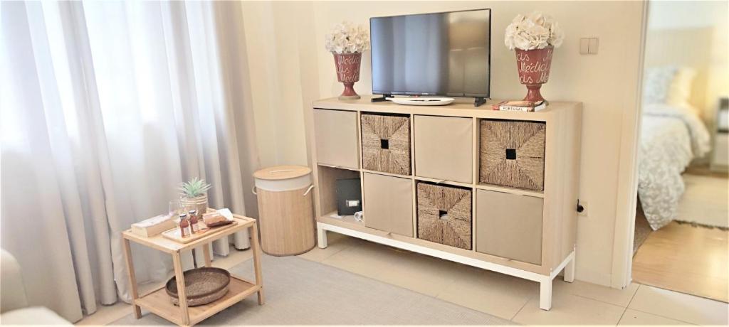 Una habitación con un televisor sobre una cómoda con flores. en Liras House, en Braga