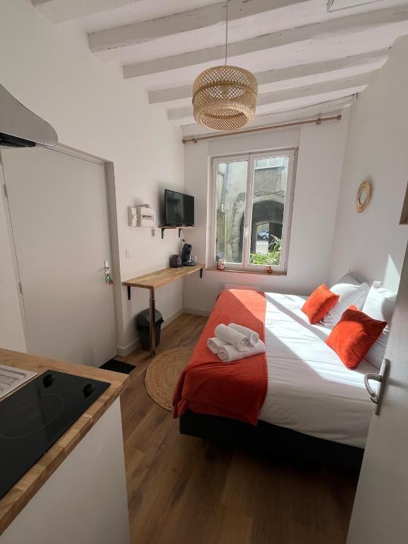 une chambre avec un lit, un bureau et une télévision dans l'établissement STUDIO CENTRE VILLE ANGERS RDC - 2 personnes, à Angers