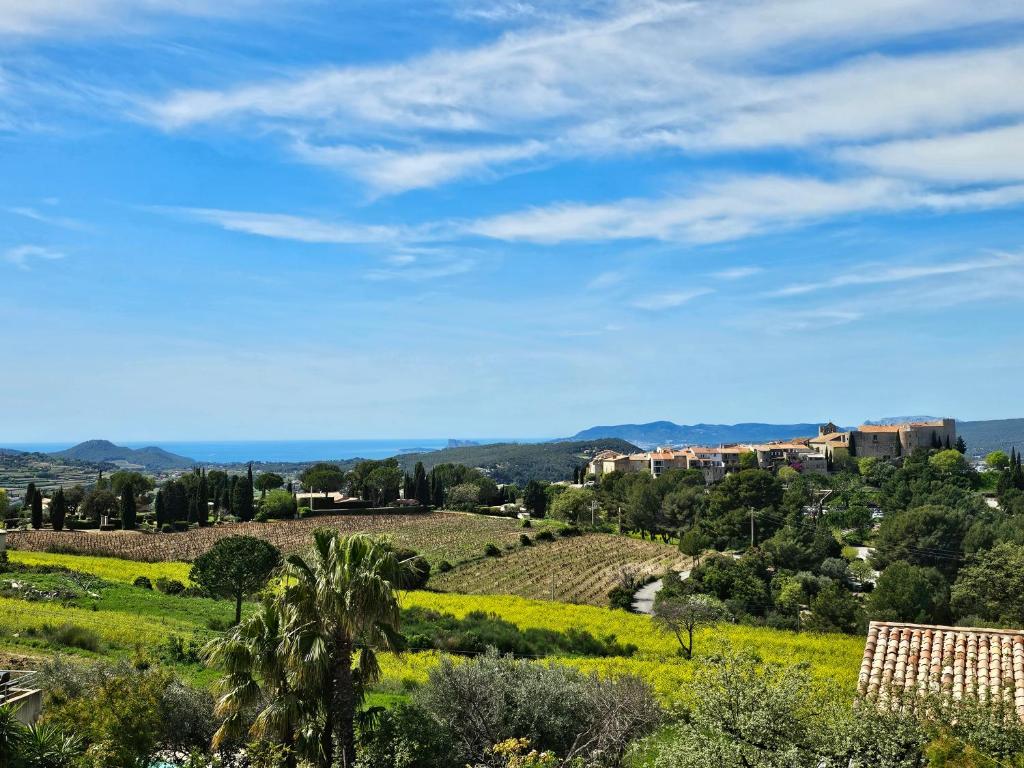 - une vue sur un champ verdoyant planté d'arbres et de bâtiments dans l'établissement New villa in Le Castellet with pool Superb view Villa neuve au Castellet avec piscine et superbe vue, au Castellet
