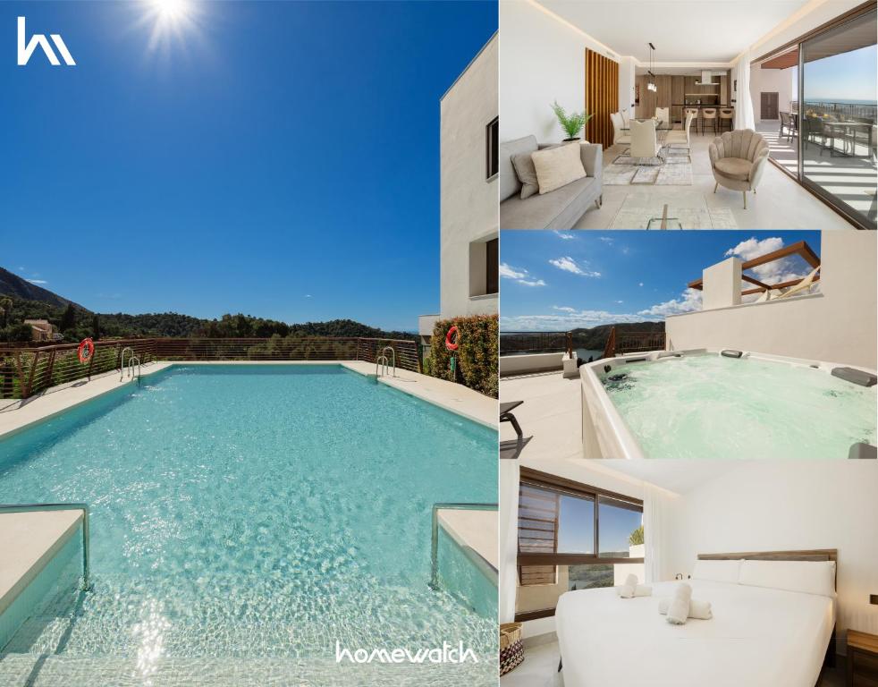 a collage of photos of a swimming pool and a house at Modern penthouse with two terraces, jacuzzi and sea, lake and mountain views, in Almazara Hills in Istán