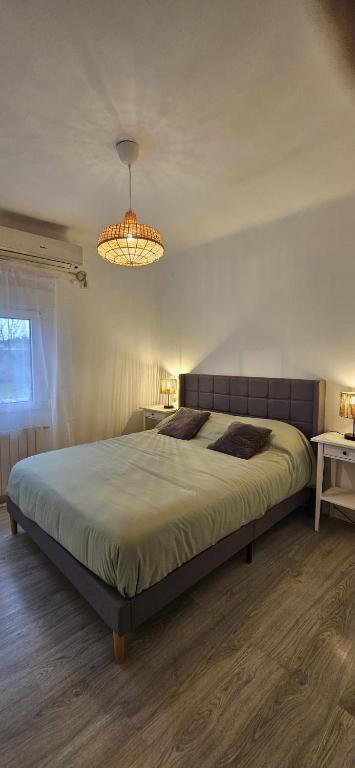a bedroom with a bed and a chandelier at Casa Riquelme 2 in Alpedrete