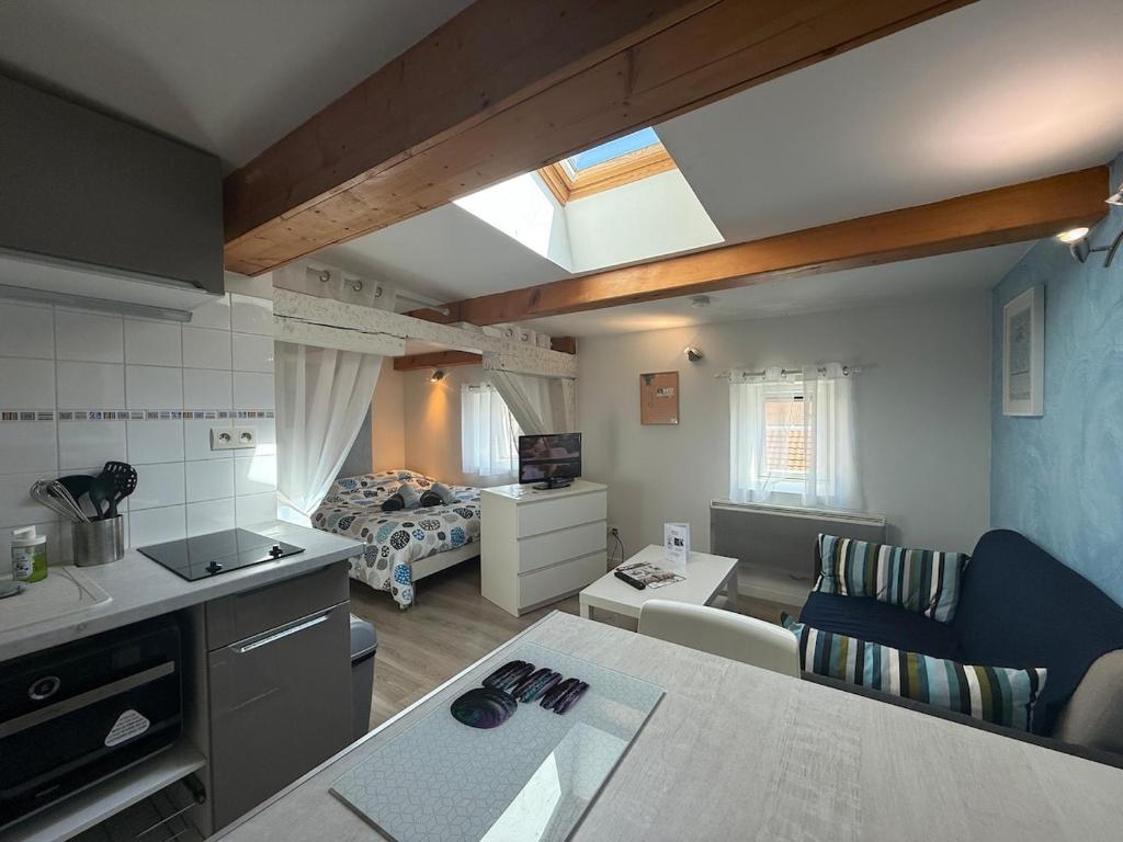 Il comprend une cuisine et un salon avec une chambre. dans l'établissement Studio confortable proche gare - Escale Belfortaine, à Belfort