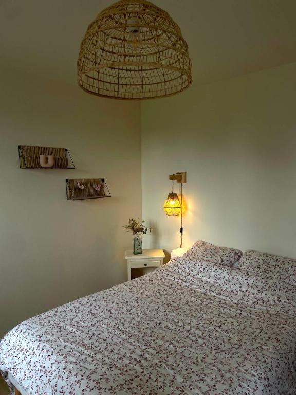 - une chambre avec un lit, une lampe et une lampe dans l'établissement Maisonnette de charme, à Quemper-Guézennec