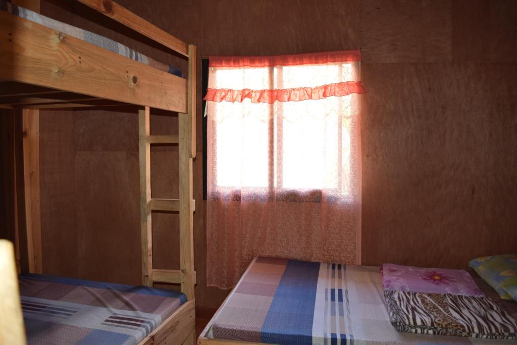 1 dormitorio con 2 literas y ventana en Batad View Inn and Restaurant, en Banaue