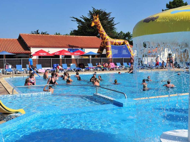 un groupe de personnes dans une piscine avec une girafe dans l'établissement BONNES VACANCES sur le CAMPING LE CLOS DES PINS, à Saint-Hilaire-de-Riez