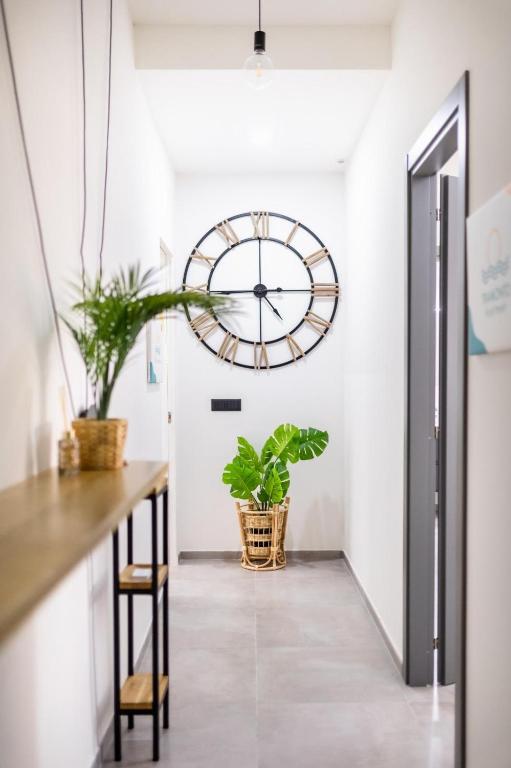 a clock on the wall in a room with plants at Sole Apartments in Terracina