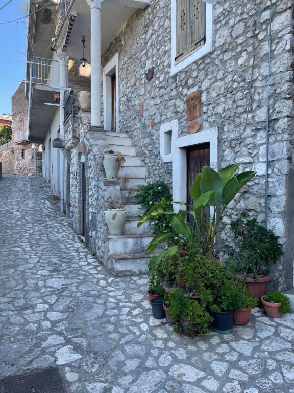 un edificio in pietra con scale e piante in vaso su una strada di Sole e Luna a Suio