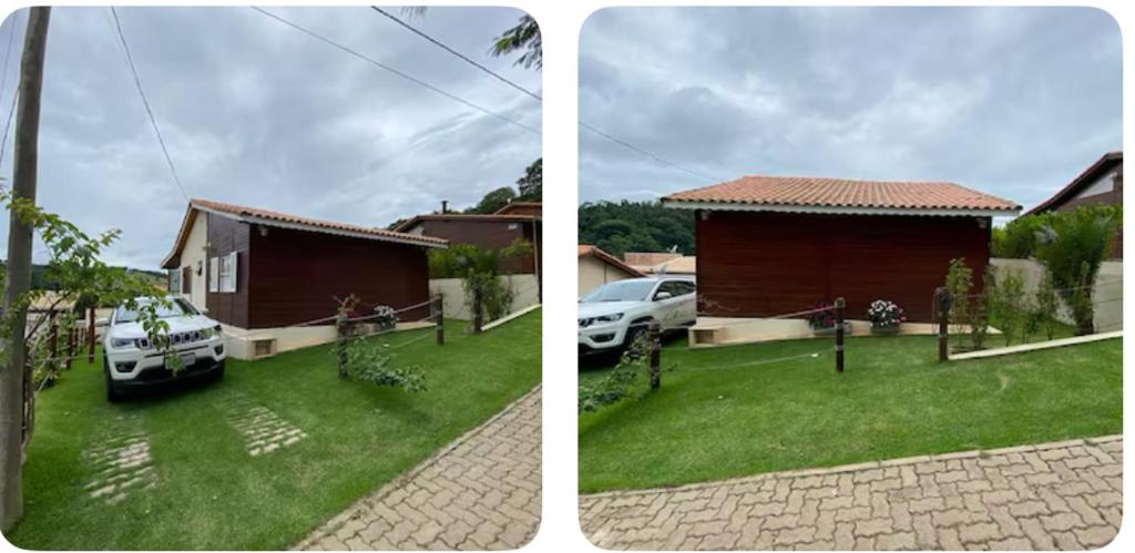 two pictures of a house and a car parked in a yard at Chalé em torno da Mata Atlantica in Itu