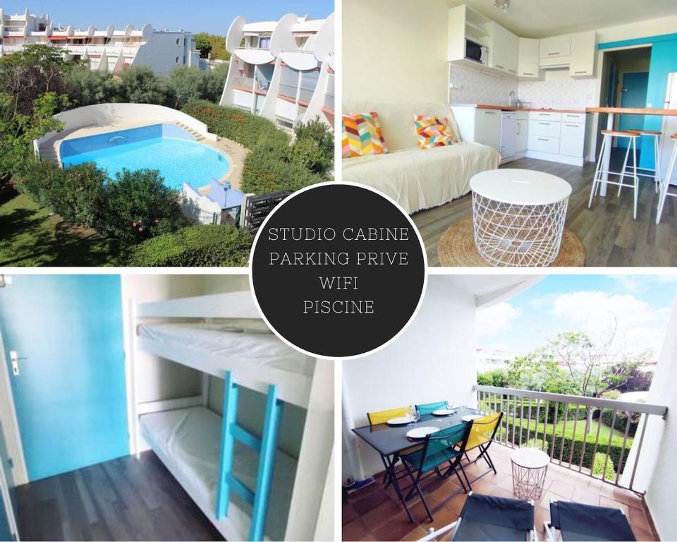 un collage de photos d'un appartement avec piscine dans l'établissement Charmant studio en bord de mer, piscine, parking privé et wifi, à La Grande Motte