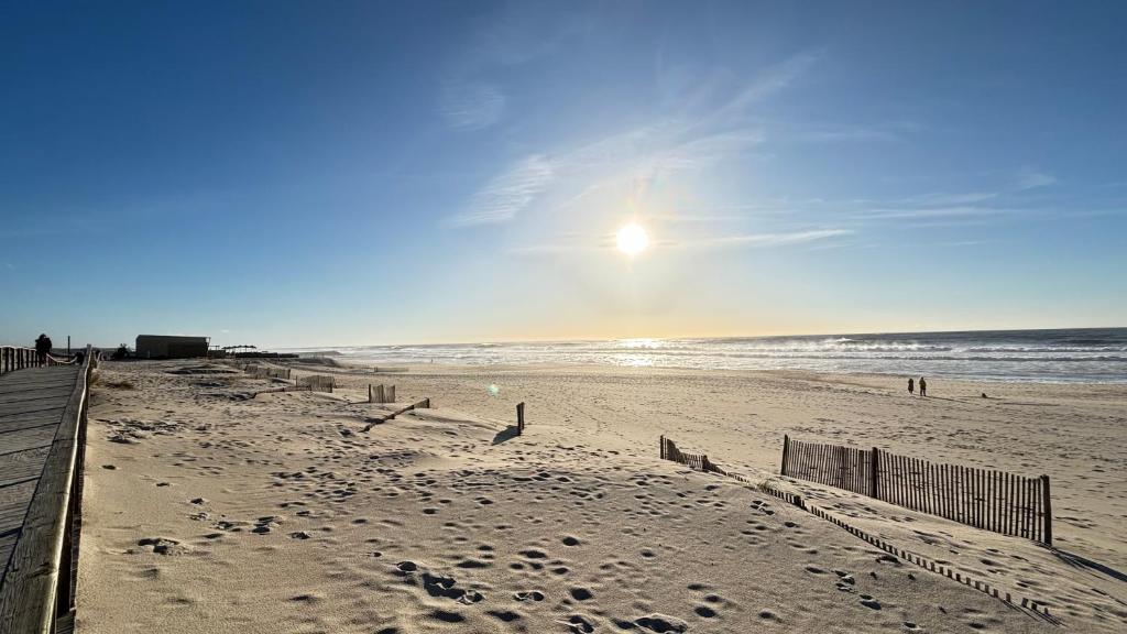 a beach with the sun rising over the ocean at Apartment at the Beach in Aveiro
