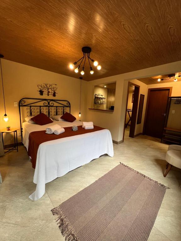 a bedroom with a large bed with a wooden ceiling at Chalé das Hortências - Parque Nacional do Caparaó in Pedra Menina