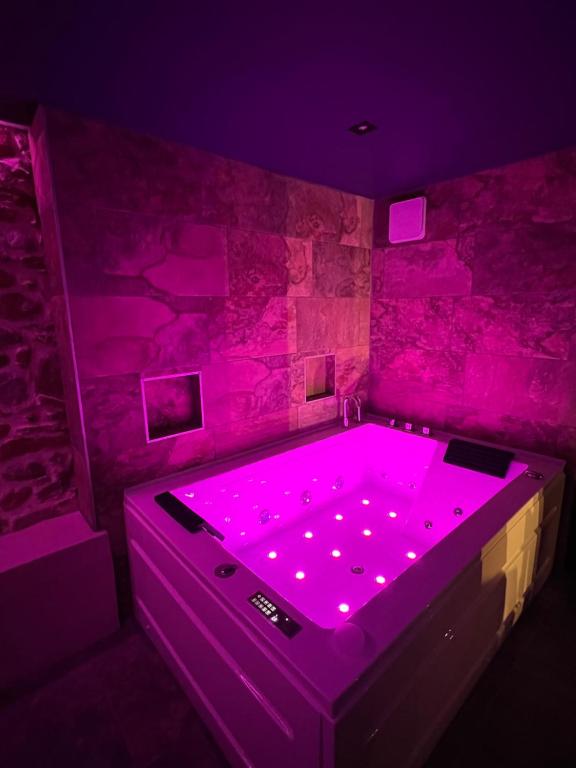 a purple tub in a room with a brick wall at L'instant plaisir in Bettant