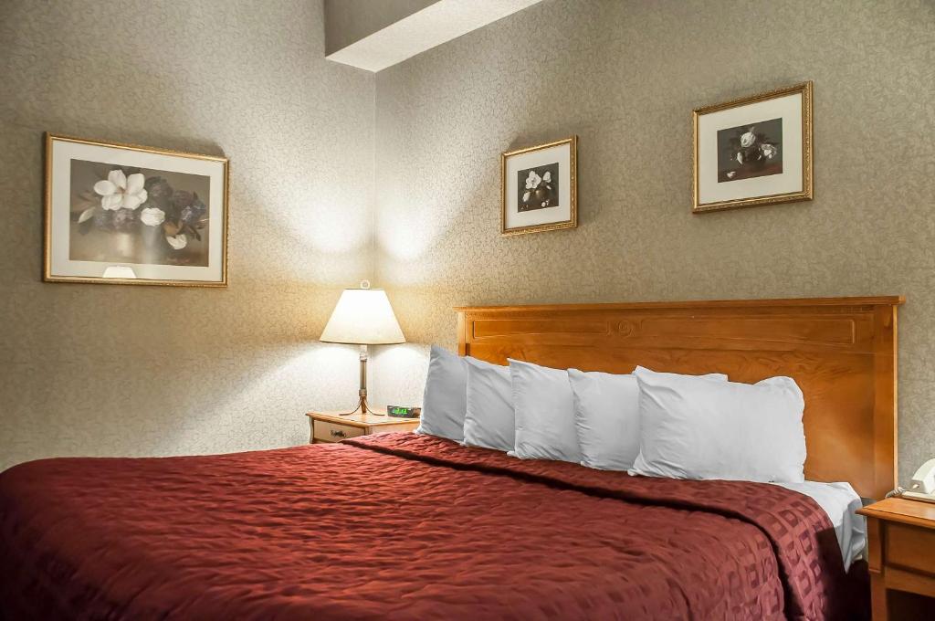 a hotel room with a bed with a red bedspread at Comfort Inn Lundy's Lane in Niagara Falls