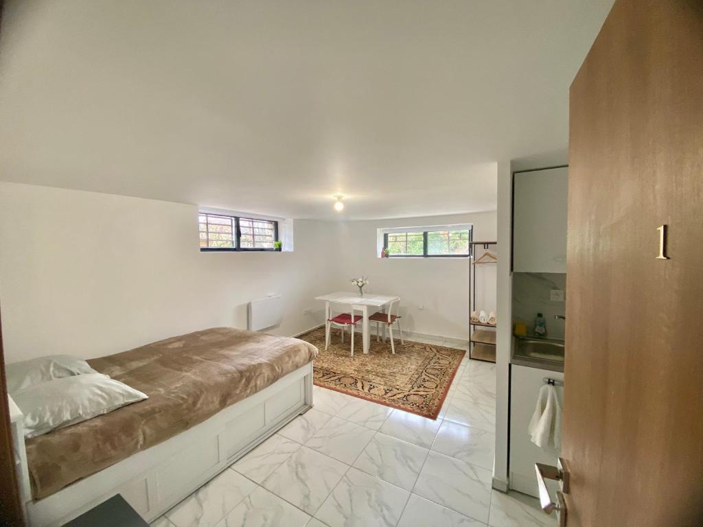 une chambre avec un lit et une table dedans dans l'établissement Studio proche Micropolis & Chu Minjoz, à Besançon