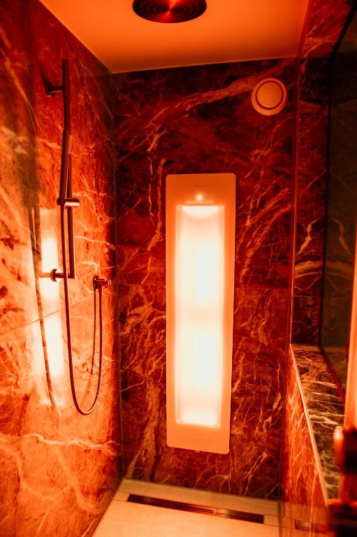 ミデルブルフにあるFortuna Suitesの石壁の便器付きのバスルーム