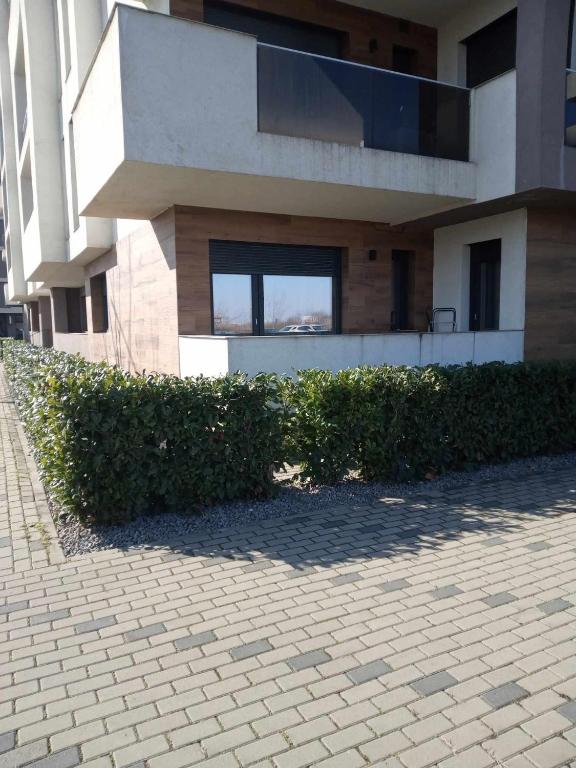 a building with a hedge in front of it at Apartament West in Oradea