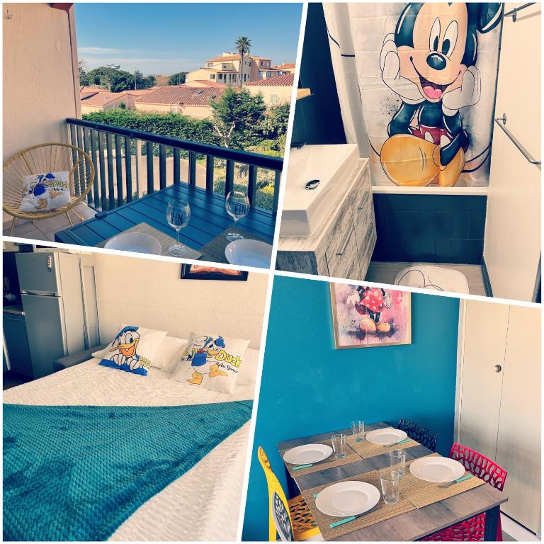 un collage de photos d'une chambre avec balcon dans l'établissement Bulle de Magie, au Cap d'Agde