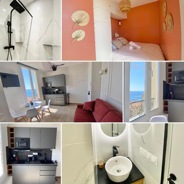 Kuchyň nebo kuchyňský kout v ubytování Appartement moderne climatisé Monaco vue Mer