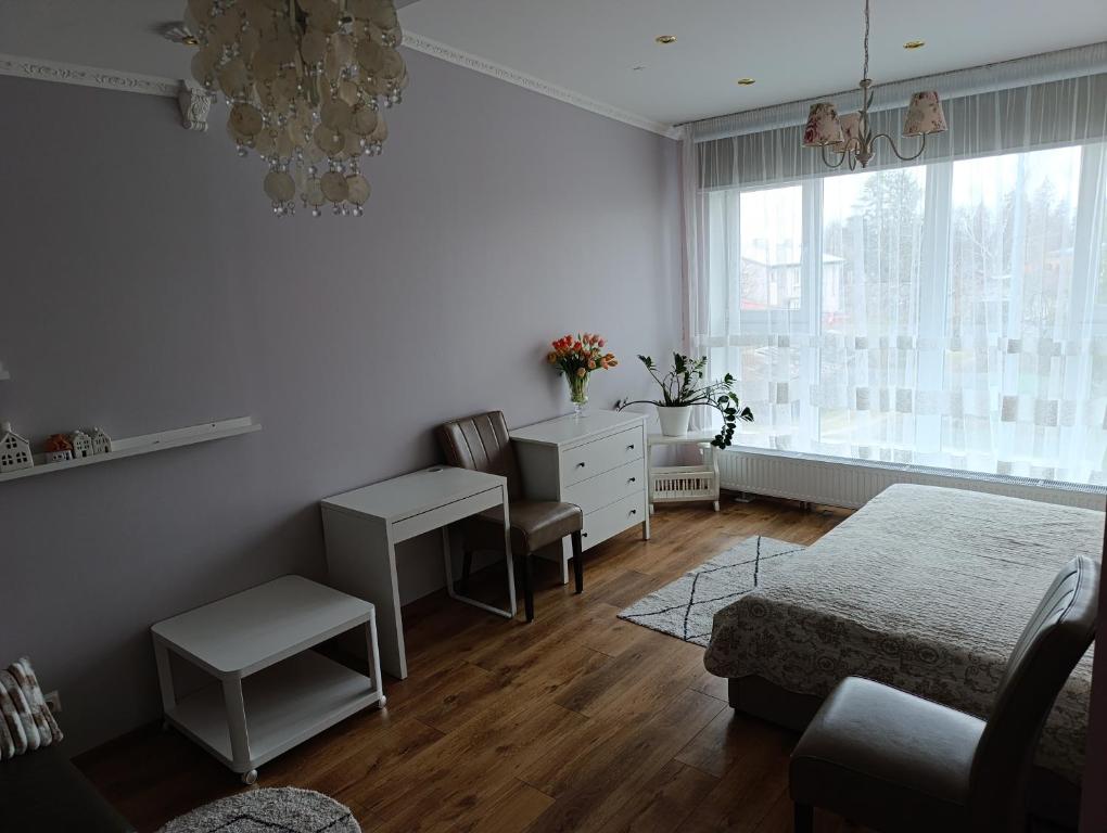 a bedroom with a bed and a desk and a window at Liepu ielas rezidence in Valmiera