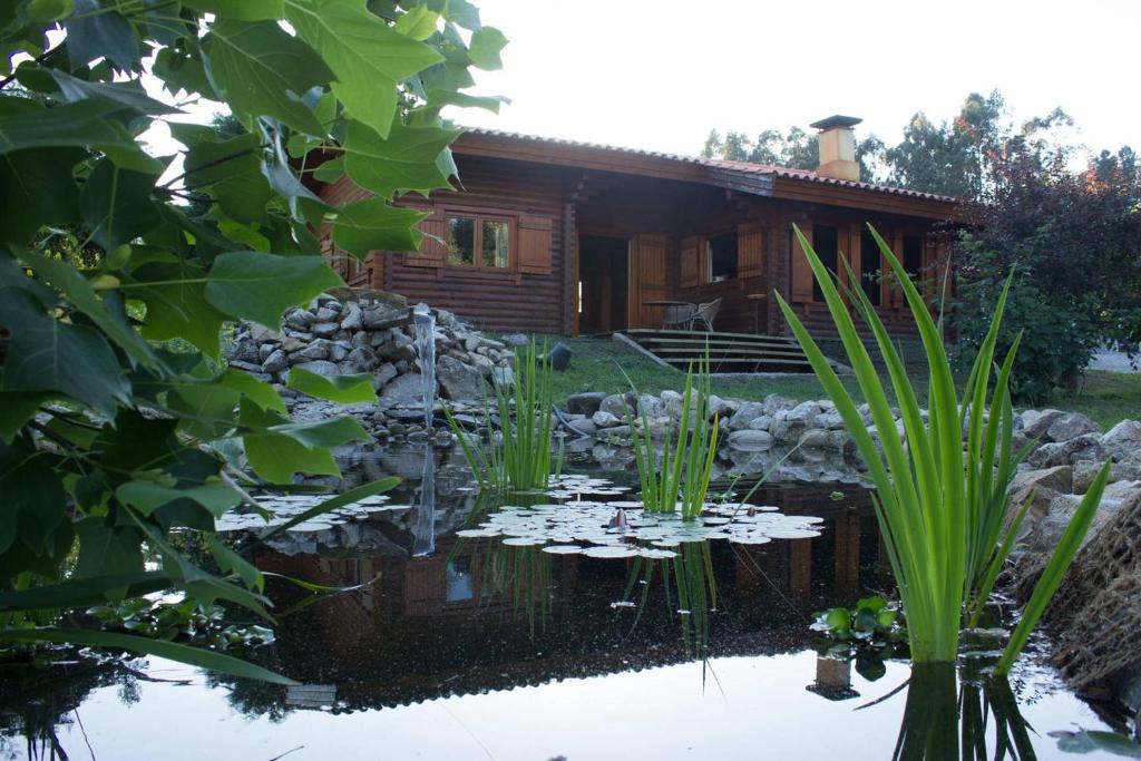 un estanque frente a una cabaña de madera en Beewood, en Fiais