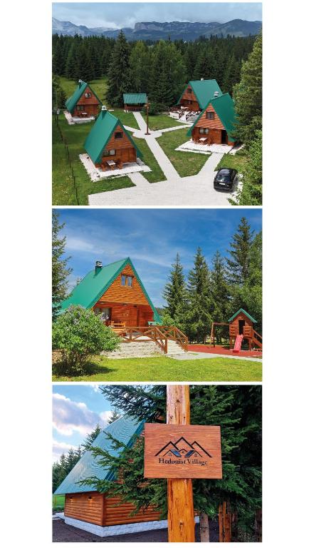 two pictures of a cabin with a sign in front of it at Hedonist Village in Žabljak