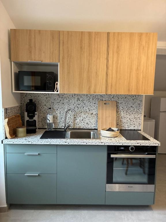 une cuisine avec un évier et des armoires en bois dans l'établissement Appartement Sainte Lucie de Tallano,2 personnes au centre du village, à Santa-Lucia-di-Tallano