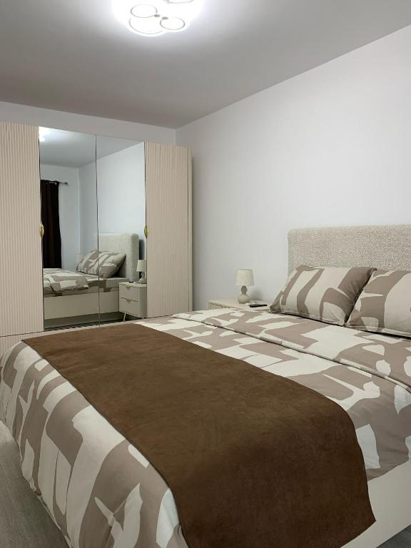 a bedroom with a large bed and a mirror at Gaby's Apartment in Ocna-Mureşului