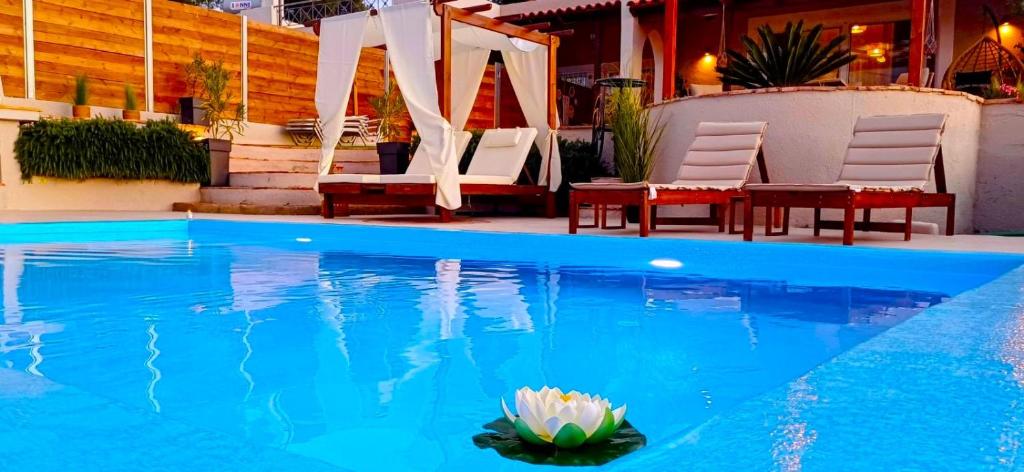a blue swimming pool with a flower in the water at Villa Angelo Porto Heli - Private Pool in Porto Heli