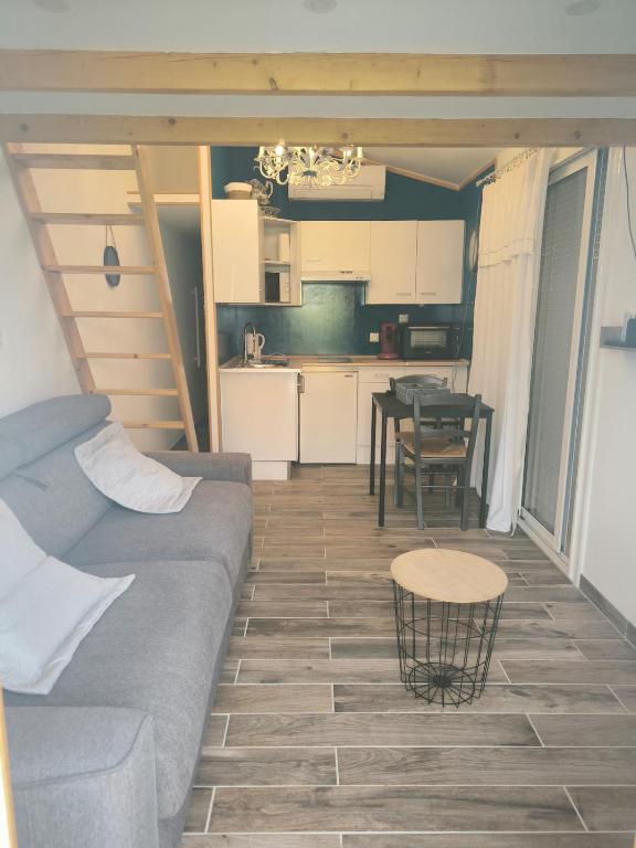 un salon et une cuisine avec un canapé et une table dans l'établissement Logement 2 personnes, à Morières-lès-Avignon