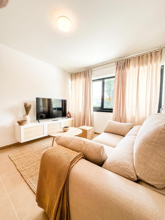 a living room with a couch and a flat screen tv at Apartamento Nautilus by ALÔGA in Fisterra
