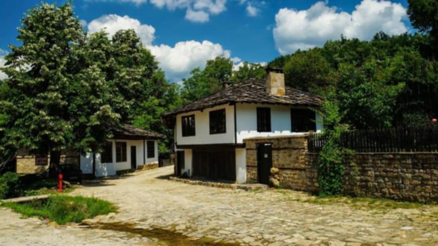a house in the middle of a dirt road at Динова Къща in Bozhentsi