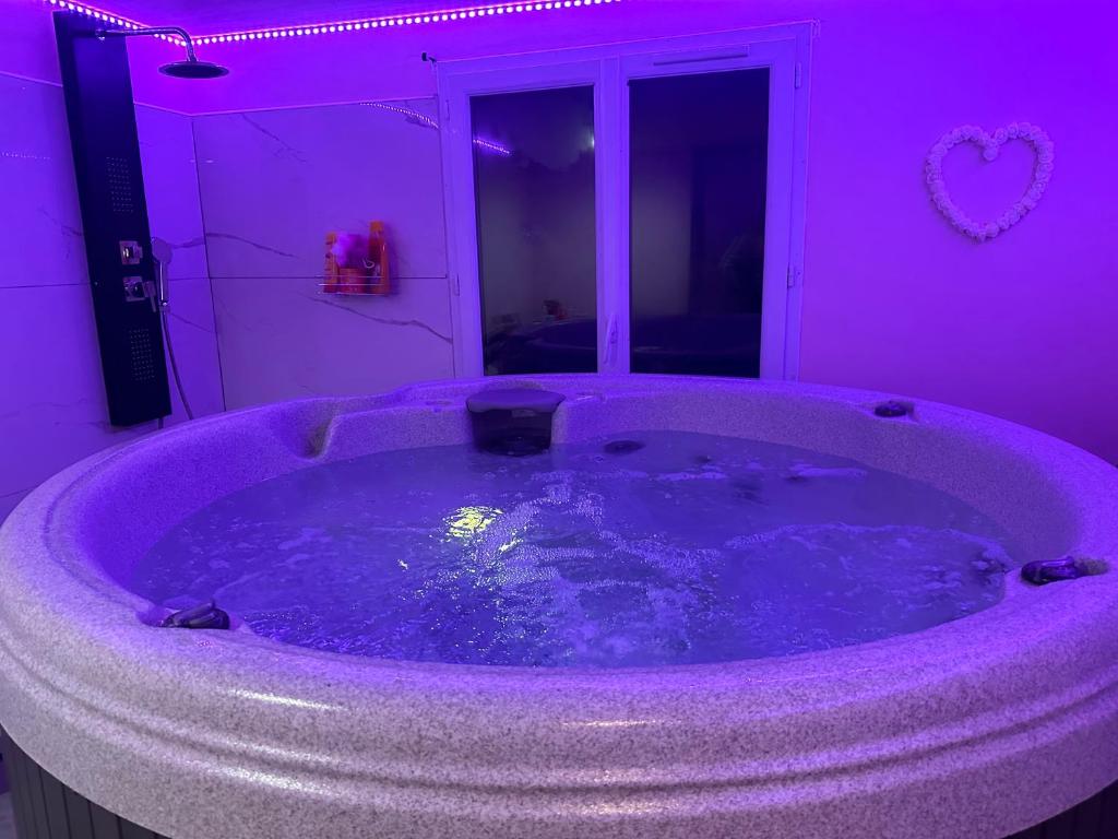 une salle de bains pourpre avec jacuzzi dans la chambre dans l'établissement Jacuzzi mobile home bordure de lac, à Beaupouyet