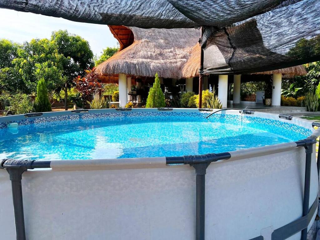una grande piscina in un resort con tetto di paglia di Golden House Campestre Para Festival Vallenato a Valledupar