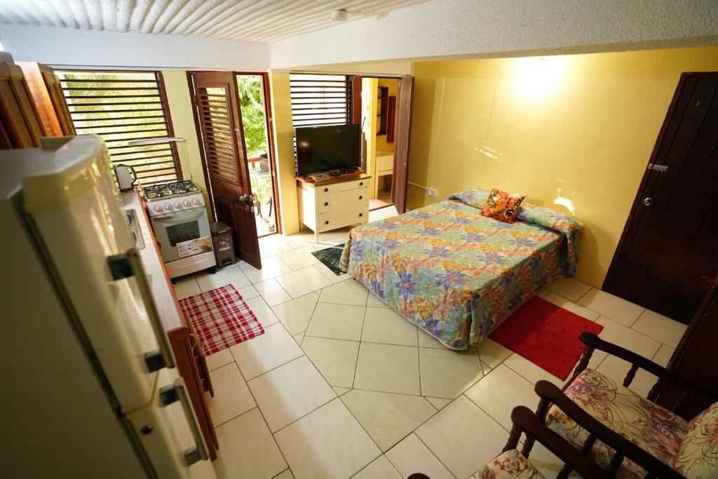 ein Schlafzimmer mit einem Bett und einem Fernseher in einem Zimmer in der Unterkunft KC's apartment in Gros Islet