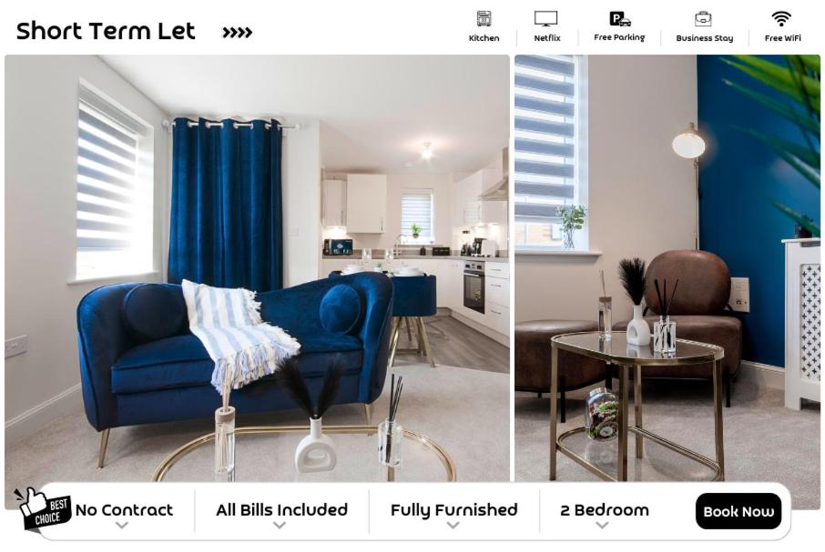 two pictures of a living room with a blue couch at Flat in Milton Keynes Free parking Self checkin fast wifi in Milton Keynes