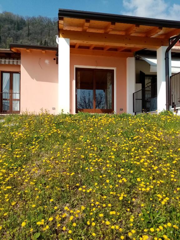 a house with a field of flowers in front of it at Dolce Luna in Gargnano