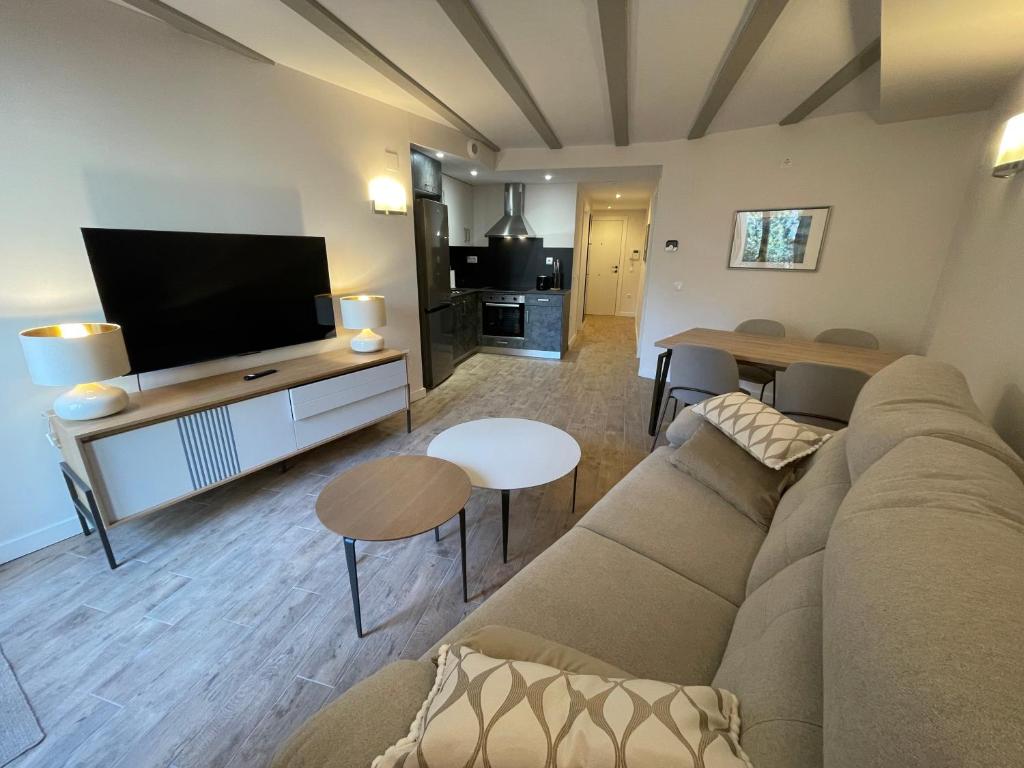 a living room with a couch and a flat screen tv at Villmor - B23 - Corazón del Casco in Benasque
