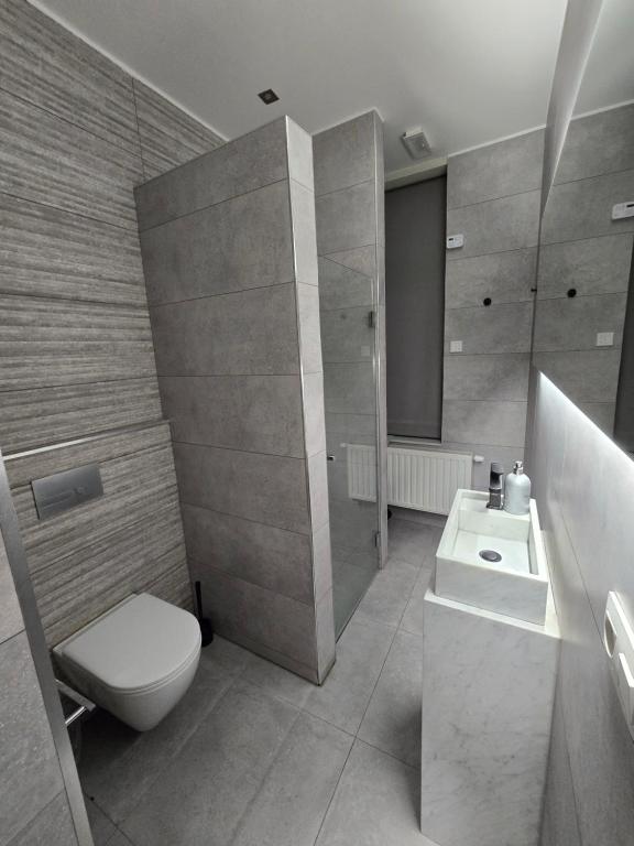 a bathroom with a white toilet and a sink at Habitación individual en Gante in Ghent
