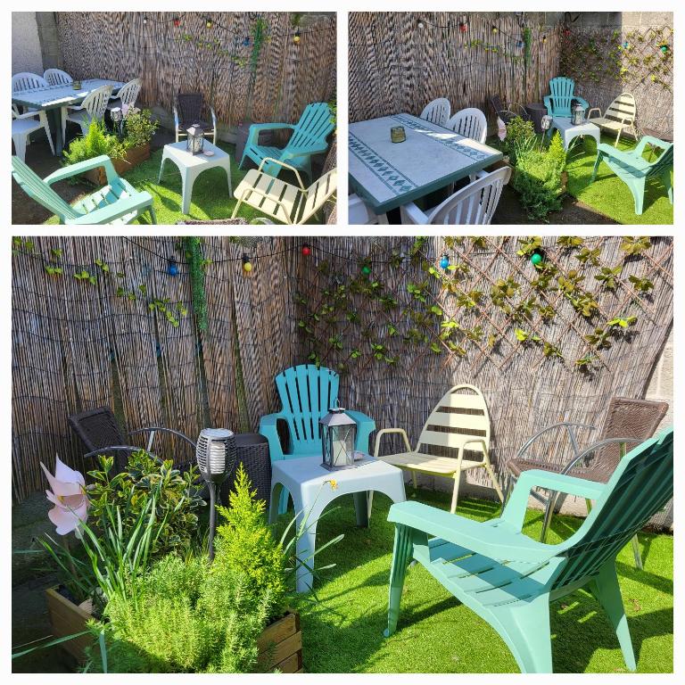 deux photos de chaises et d'une table dans une cour dans l'établissement Petite Maison 3 chambres Lamballe-Armor, à Lamballe Armor