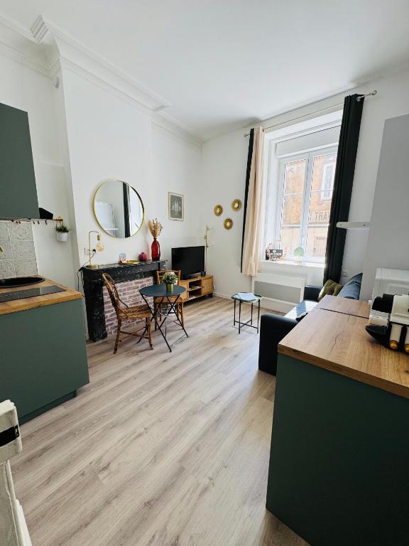 un salon avec une cuisine et une salle à manger dans l'établissement Studio Cosy La Chouette, à Dijon